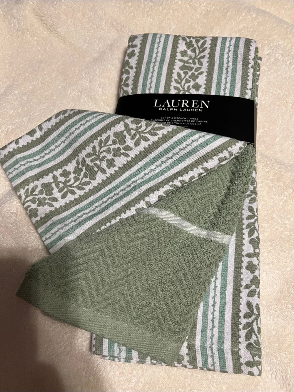 Lauren Ralph Lauren set of 3 kitchen towels floral & stripe print white,  green